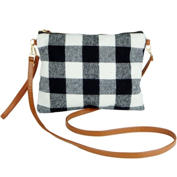 Buffalo Plaid Crossbody Bag – Black & White Checkered Purse with Leather Strap - Picture 1 of 1